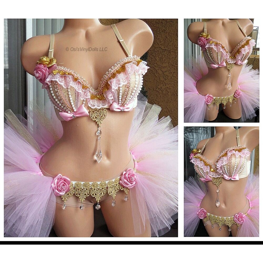 Vinyl Dolls Pink Gold 2 Piece Rave Outfit Burning Man Festival Burlesque 38DD/L